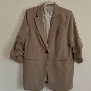 H&M Taupe Single-Button Ruched-Sleeve Blazer